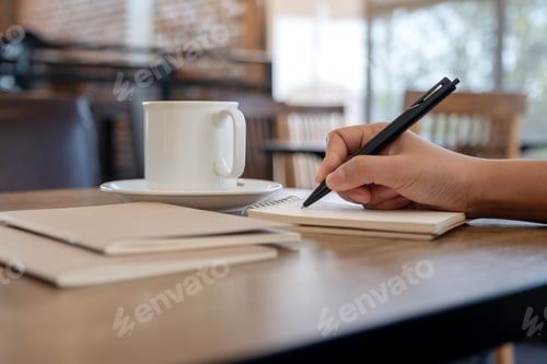 Preview: Closeup image of a hand writing on blank notebook with coffee cup on table in cafe