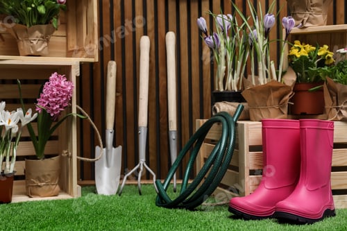 Preview: Composition with different gardening tools on artificial grass at wooden wall
