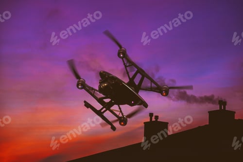 Preview: Drone flying over beautiful morning a sunset sky with light clouds Heavy lift quadrocopter fly