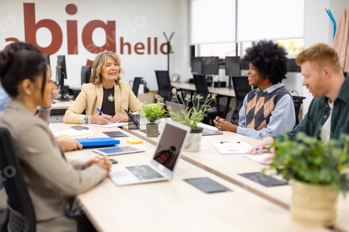 Preview: Diverse business team collaborating during office meeting