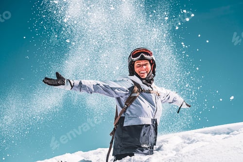 Preview: Photo of happy woman on top of Groste hill in Madonna Di Campiglio