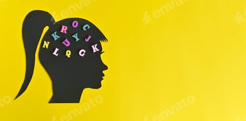 Preview: Silhouette of a woman's head with letters in the brain.