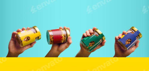 Preview: Colorful jars of granola held by hands against a bright blue background