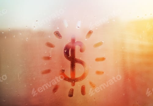 Preview: Hand drawn shape dollar icon with rays like sun for text on muddy glass wet orange sunset window