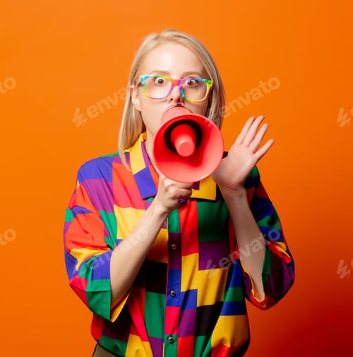 Preview: Style blonde in 90s clothes and rainbow glasses with megaphone
