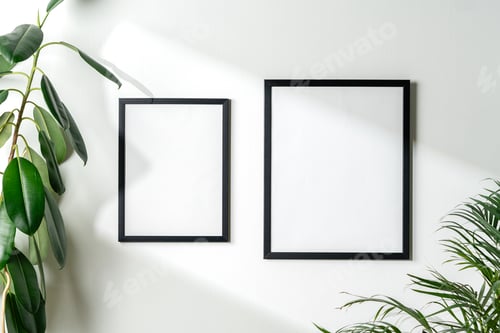 Preview: Black frames and houseplant against white wall copy space