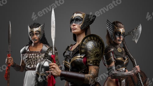 Preview: Elegant three amazons with cold steel isolated on gray