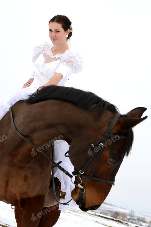 Preview: Young Happy Smiling Woman With Horse. Winter Sport
