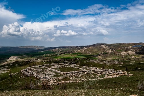 Preview: View of a Hittite ruins, an archaeological site in Hattusa, Turkey on a cloudy day