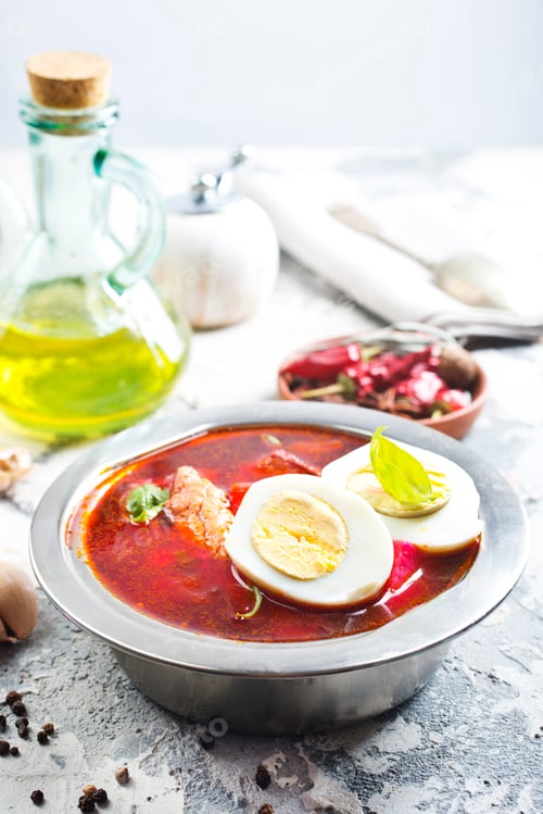 Preview: Traditional Ukrainian Russian borscht . Bowl of red beet root soup borsch with boiled egg