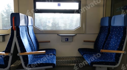 Preview: /Nominated/ Comfortable chairs on a modern train, with beautiful view through the window.