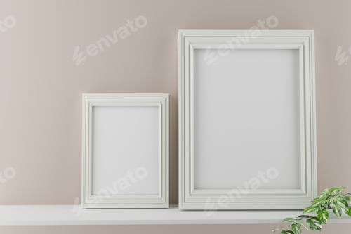 Preview: Two white portrait picture frame mockups on beige wall. 3d render