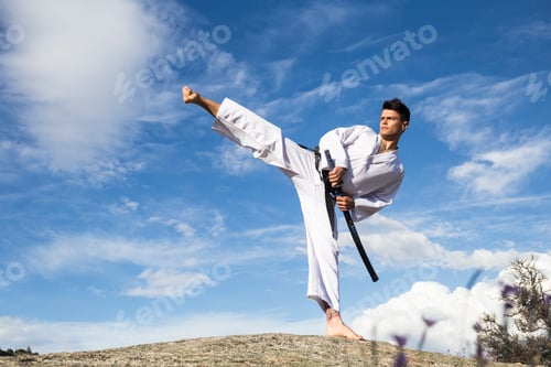 Preview: Man with a katana sword doing a high kick