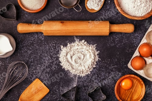 Preview: Ingredients for baking - flour, wooden spoon, rolling pin, eggs