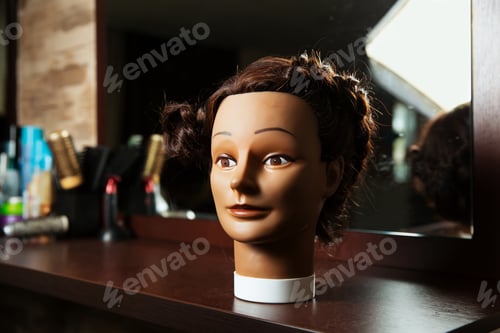 Preview: Hairdressing mannequin located on a wooden table.