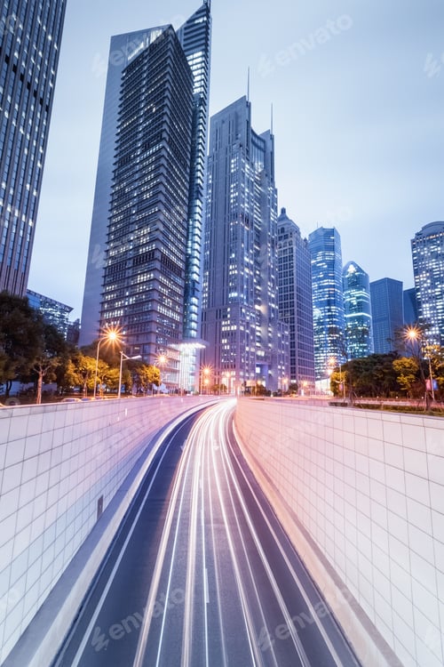 Preview: city tunnel with modern buildings at night