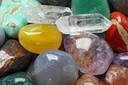 Preview: Different precious gemstones as background, closeup view