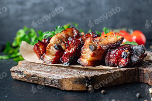 Preview: Grilled Ribs Bbq Pork In Spices And Tomato Sauce Piece Of Meat Second Course Snack Ready To Eat On
