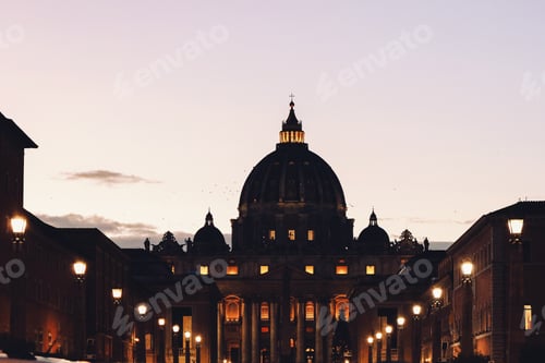 Preview: Panoramic night view of St Peter's Basilica with beautiful reflection in Vatican City. Architecture