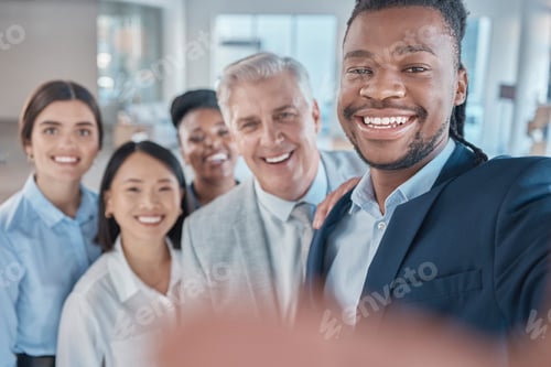 Preview: Work, selfie and portrait of team in office, happy and smile while bonding in team building. Face,
