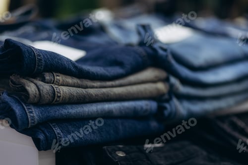 Preview: Folded Pile of Denim Jeans in Various Shades for Clothing Display