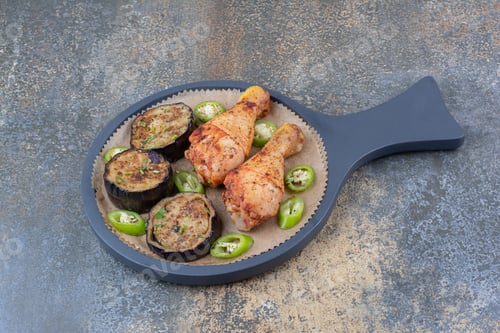 Preview: Grilled chicken legs with fried vegetables on dark board