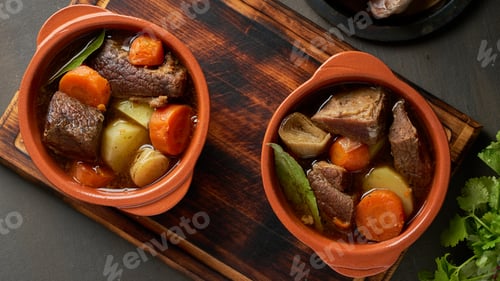 Preview: Goulash with large pieces of beef and vegetables. Burgundy meat. Slow stewing. Top view