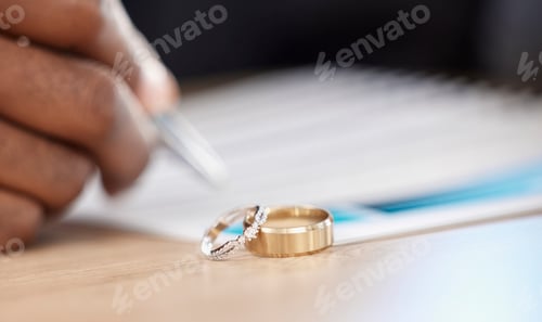 Preview: Divorce, rings and signature on paperwork for a lawyer, register wedding or writing on a contract.