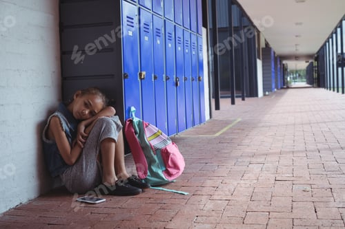 Vista previa: Full length of elementary schoolgirl resting by lockers