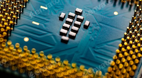 Preview: Close up of microchips and pins on Main CPU PC processor circuit board.