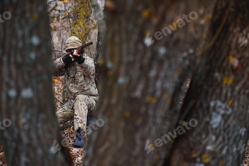 Preview: Hunting permit. Man brutal gamekeeper nature background. hunter spend leisure hunting.