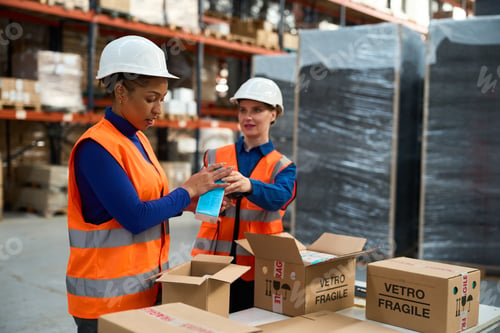Preview: Female warehouse workers scanning product for shipping