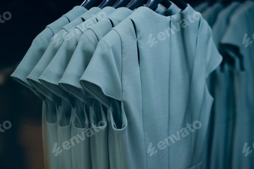 Preview: Closeup shot of hanging gray dresses on a textile industry