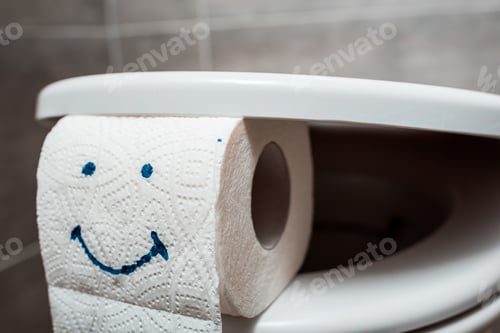 Preview: close up view of ceramic clean toilet bowl and toilet paper with smiley face in modern restroom
