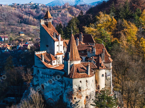 Preview: Aerial drone view of Bran Castle in autumn season