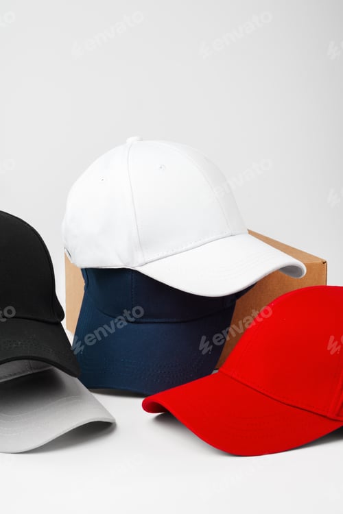 Preview: Stack of Assorted Baseball Caps on a White Background
