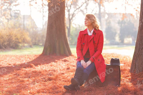 Preview: Portrait of beautiful woman in red coat with vintage suitcase in a autumn park on a sunny day.