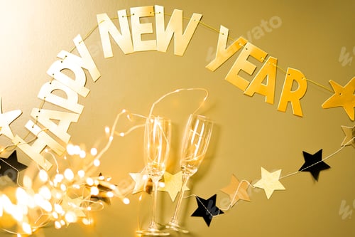 Preview: Golden text Happy New Year on the golden background