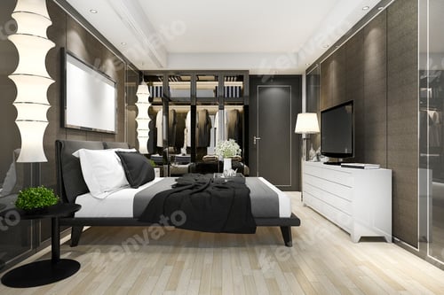 Preview: 3d rendering luxury modern bedroom suite tv with wardrobe and walk in closet