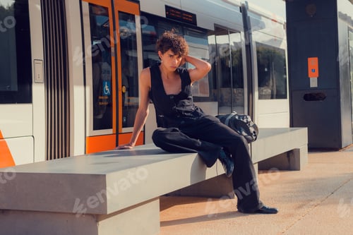 Preview: Young homosexual fashionable man poses in a station with a bag