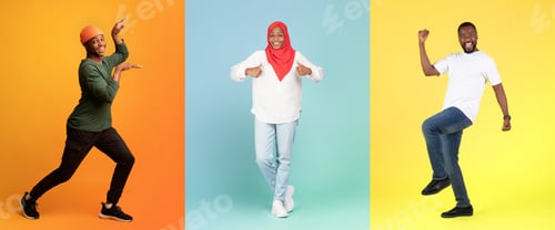 Preview: Cheerful Black People Fooling And Having Fun Over Colorful Backgrounds