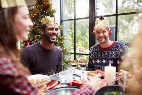 Preview: Gay Male Couple Enjoying Christmas Dinner Fooling Around With Table Decorations