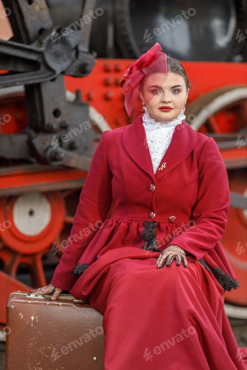 Preview: A beautiful girl in a burgundy suit is sitting on a suitcase near an old steam locomotive