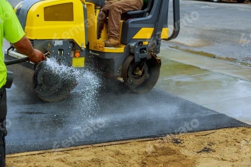 Preview: Construction with roller compactor machine and repair asphalt parking for the car