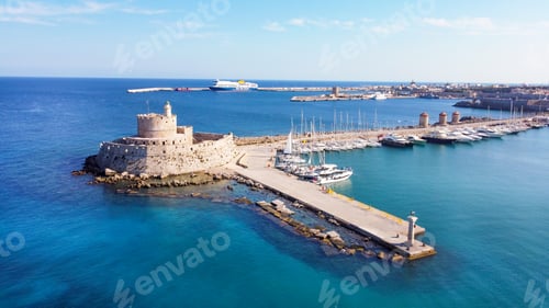 Preview: Mandraki port of Rhodes city harbor aerial panoramic view in Rhodes island in Greece