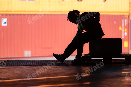 Preview: Warehouse worker's back pain from hard work while sitting and relaxing, Silhouette concept