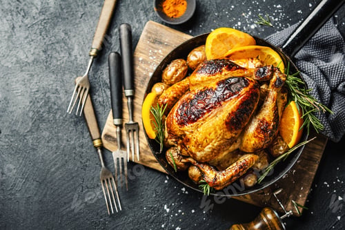 Preview: Baked whole chicken with spices on pan