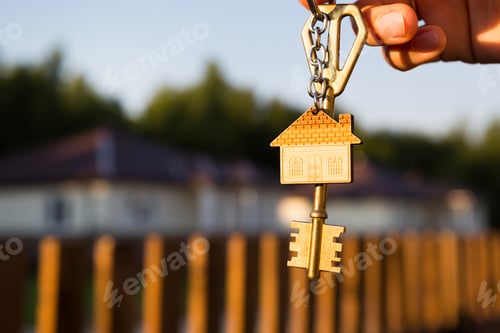 Preview: Key ring with keychain house in hand. Background of fence and cottage.