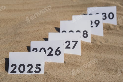 Preview: Paper cards with numbers of years from 2024 to 2030 in a row. New year start concept. Resolution