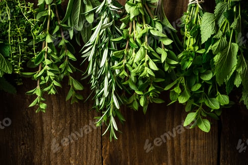 Preview: Collection of Various Fresh Herbs Hanging in Bunches for Drying